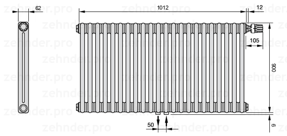 Схема (чертеж) Радиатор Zehnder Charleston 2090/22 №V008 Белый глянцевый RAL 9016